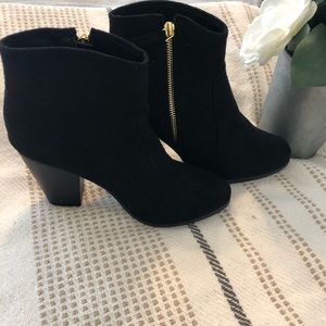 Black Suede Booties with Gold Hardware NWOT